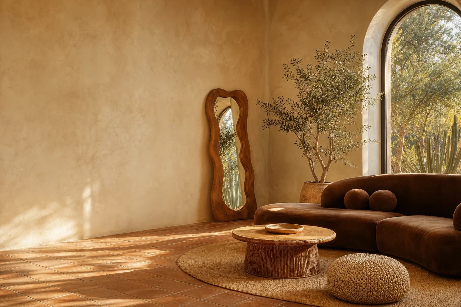 A sunlit living room with a velvet sofa, rattan coffee table and woven pouffe