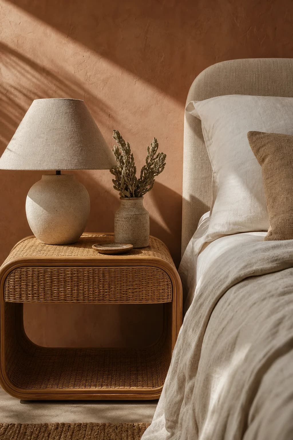 A curved rattan bedside table beside a linen bed in late afternoon sun